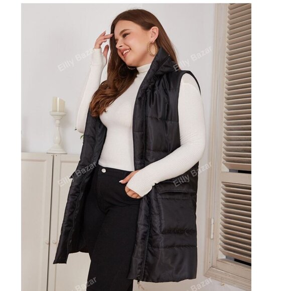 Long Black Puffer Vest Jacket Flapped Pockets Plus Size 4XL NWOT - Picture 1 of 12